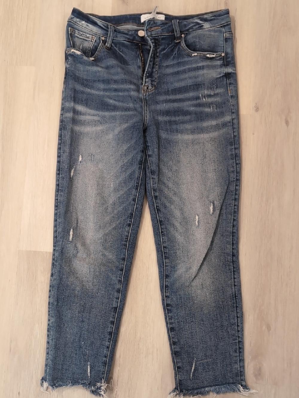 Risen Women's Mid-Blue Straight Leg Distressed Jeans